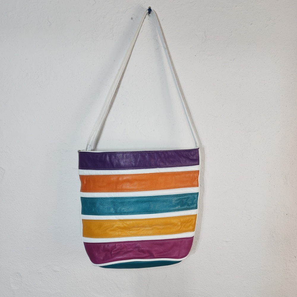 Vintage Striped Leather Shoulder Bag Multi Color Rainbow White Boho 90s USA - Picture 2 of 14